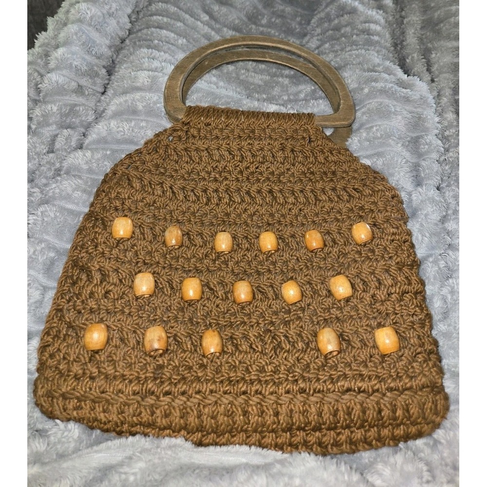 VINTAGE‎ Hand-made Brown Crocheted Macrame Purse Wooden Handles And Beads BOHO - Picture 2 of 10